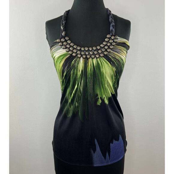 SKY Black Multi Abstract Silk Braided Halter Beaded Sleeveless Top VTG Y2K XS - Picture 1 of 7